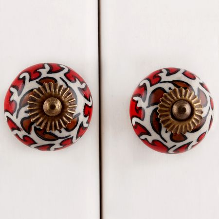 White Red Floral Painted Knob